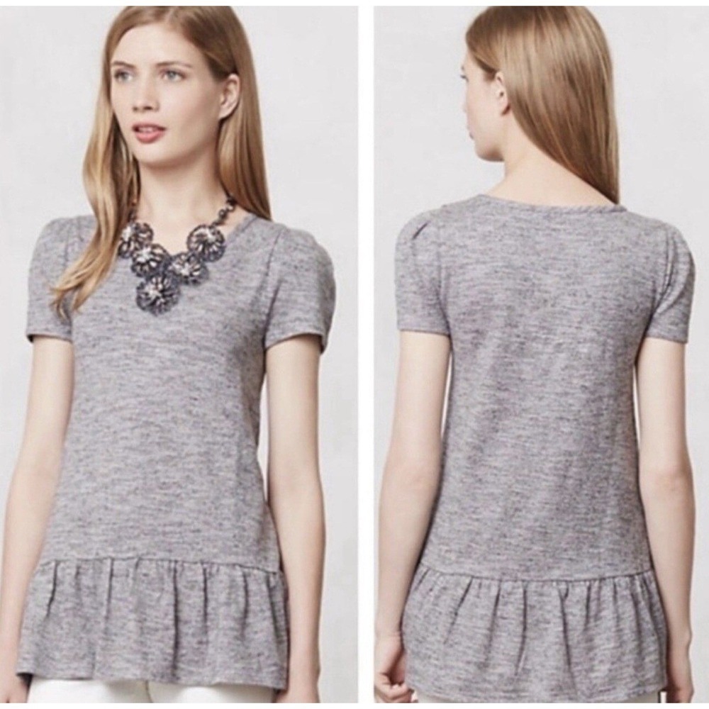 LEIFNOTES Anthropologie Gray Heathered Puff Sleeve Peplum Feminine Knit Top